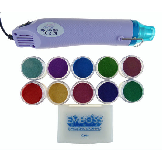 Sweet Dixie Embossing Starter Kit with heat tool, colorful embossing powders, and clear stamp pad.