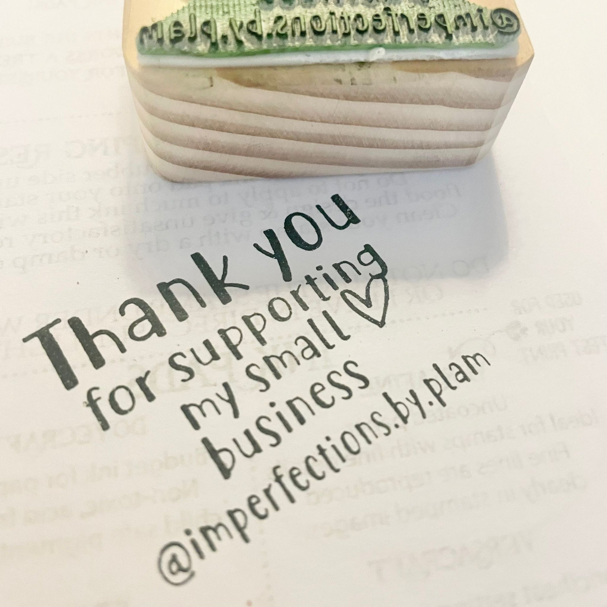 Cute thank you for supporting my small business eco rubber stamp, includes a heart in the design. Personalised with a unique Instagram name. Traditional style reclaimed wood stamp block with green vegan eco rubber.