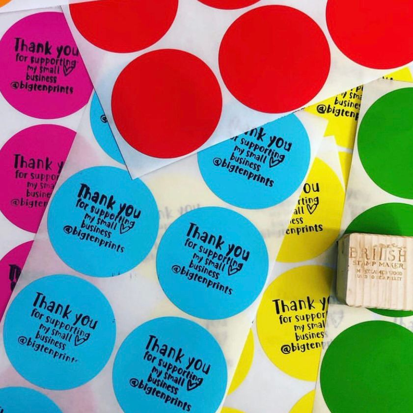 Thank you for supporting my small business rubber stamp, printed on pink, blue, green, yellow and red stickers with black ink. Traditional style reclaimed wood stamp block with British stamp maker engraved and I used to be a pallet.
