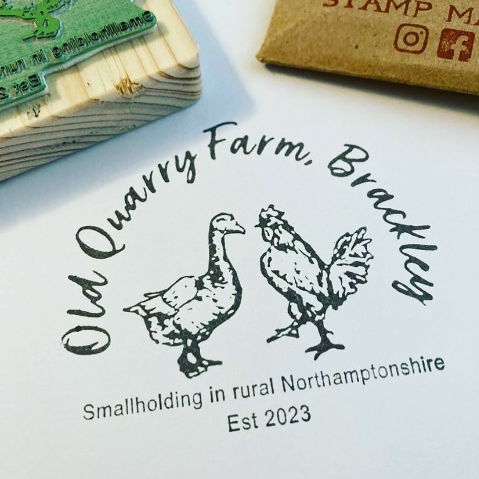 Stamp with illustrations of a rooster and goose, text 'Old Quarry Farm, Brackley' on a white background.